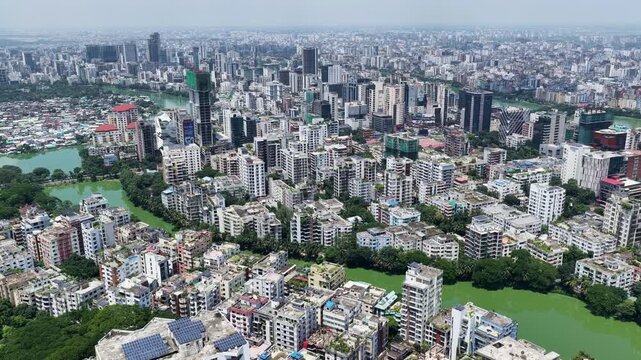 Aerial  view of Gulshan, Dhaka's upscale business and residential district, showing luxury apartment towers, modern skyscrapers,