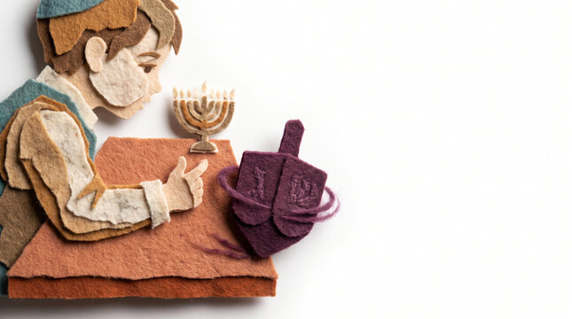 Young boy playing with a dreidel near a menorah on a table  