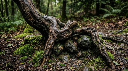 Obraz premium Close Up of an Old Gnarled Tree Root Growing Over Mossy Rocks in a Dark Wet Forest Environment and Natural Landscape