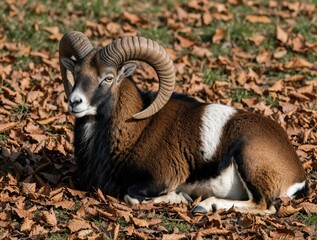 Naklejka premium A mouflon ram rests on dry autumn leaves, showcasing its large curved horns and brown fur with a white saddle patch. The wild sheep has a calm gaze and lies down on the forest floor in fallen foliage.