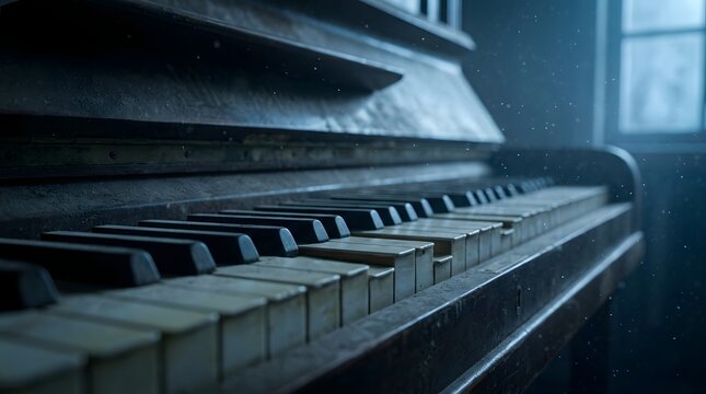 Spooky abandoned piano with broken keys in dark haunted house interior for eerie halloween horror atmosphere and mysterious musical background