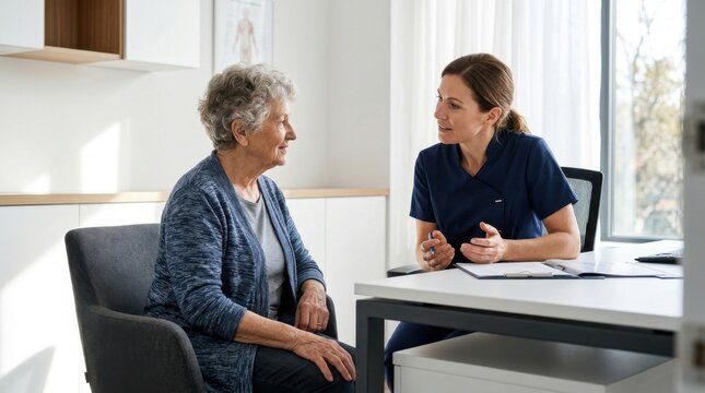 Attentive Doctor Consults with Senior Patient in Well-Lit Clinic Setting