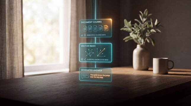 Retrieval augmented generation RAG diagram: LLM workflow and architecture panels for document search, AI workflow diagram and enterprise knowledge base