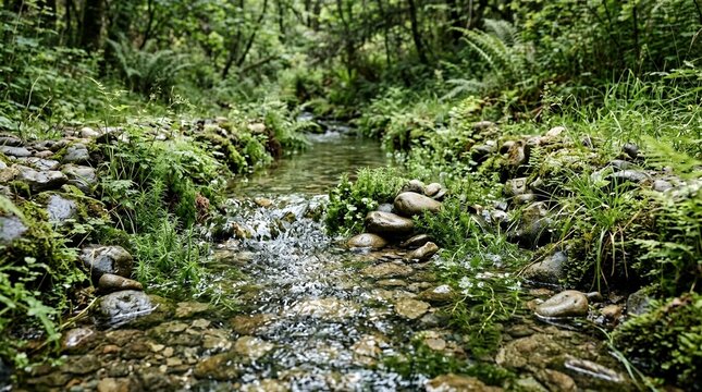 Clear Mountain Stream Flowing Gently Over Rocks and Pebbles Surrounded by Lush Green Forest Vegetation and Moss