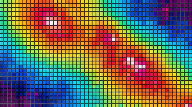 Digital multi colored square pixel background with vibrant rainbow gradients and light effects