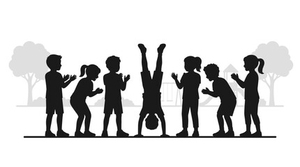 Obraz premium Children Silhouettes Playing Outdoors With One Doing A Handstand