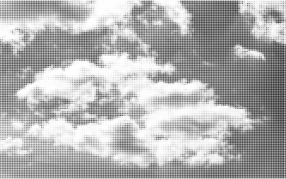Vector grunge halftone cloud sky illustration with monochrome dotted sky texture. Retro atmospheric background with rough graphic effect and dramatic layered sky clouds.