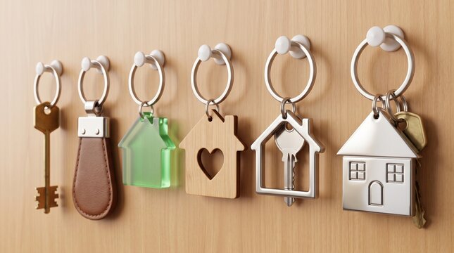 House Keys and Keychains Hanging on Wooden Wall Hooks