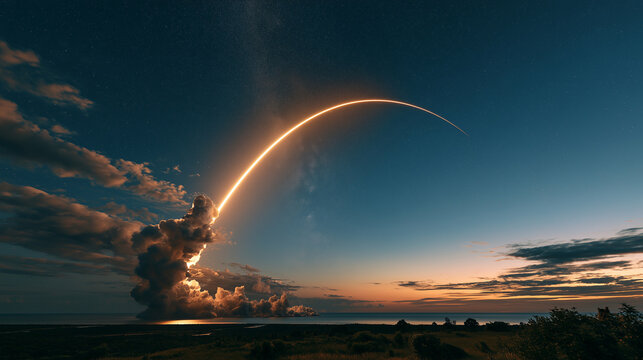 Rocket launch arc across starry twilight sky, glowing trajectory trail, space mission concept, aerospace technology, orbital flight, scientific exploration, future innovation