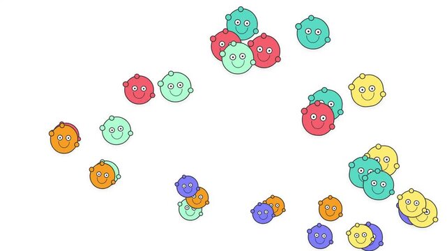 Colorful animated smiley faces floating against clean white background
