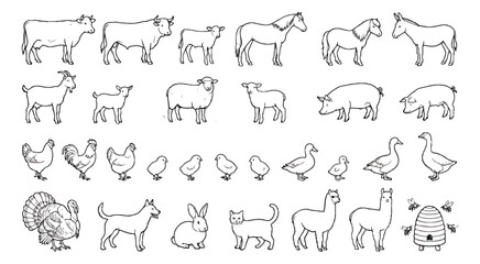 Obraz premium Hand-drawn farm animal icons, 32 line art livestock illustrations, rustic ranch animal vector set for coloring and logos
