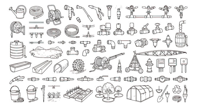 Garden irrigation system icons set, hand drawn watering equipment doodles, agricultural plumbing and farming tool vector illustrations