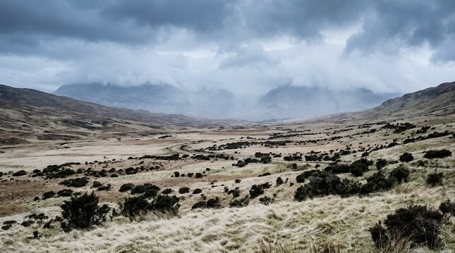 Panoramic view of a desaturated mountain valley under a moody overcast sky with mist covering the high peaks and hills