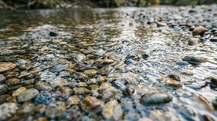 Fototapeta premium Crystal Clear River Water Flowing Over Smooth Round Stones and Pebbles in Scenic Outdoor Nature Stream Landscape