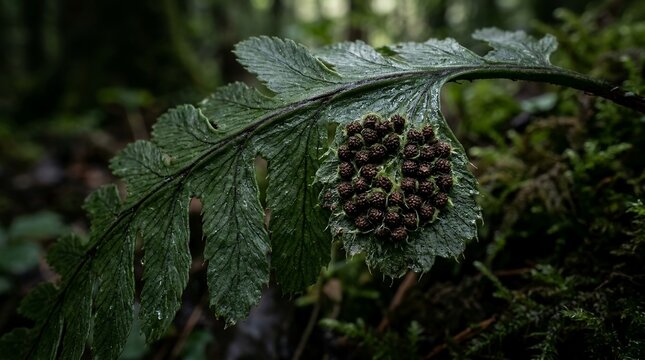 Macro Photography of Green Fern Leaf with Brown Spores Growing in a Dark Moody Forest for Botanical Nature Background