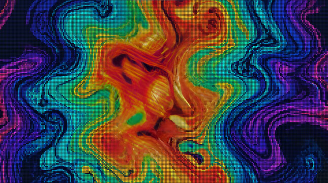 Abstract mosaic of swirling vibrant colors in a pixelated wavy digital art pattern