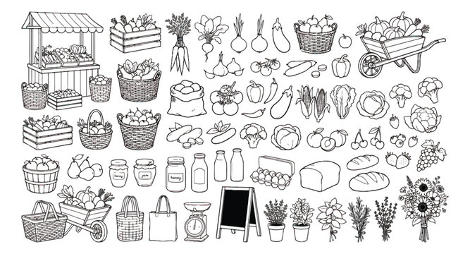 Hand-drawn farmers market icons set, rustic organic food sketches, black and white grocery vector elements for local shop branding