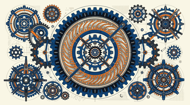 Intricate mechanical clockwork gears and cogs engineering blueprint design