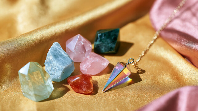 natural crystals and a pendulum displayed on a bright pastel silk background, reiki concept, spiritual wellness, colorful, bright, with copy space