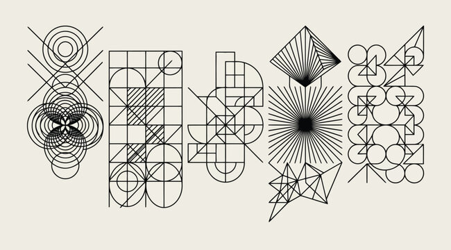 Set of abstract geometric compositions with thin lines, circles, and grids in a minimalist architectural style