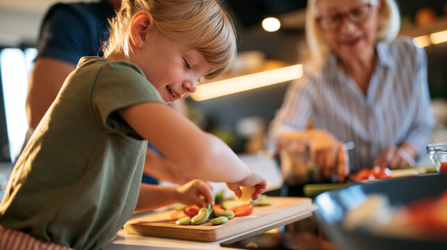 rear view of a small girl preparing a vegetable salad with her parents and grandmother in a bright home kitchen, backs to camera, family bonding concept, intergenerational,