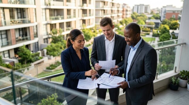 Diverse Real Estate Professionals Reviewing Property Plans on Balcony of Modern Residential Complex