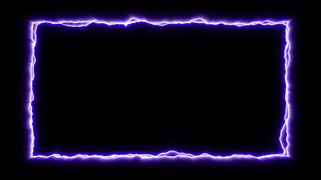 Glowing purple electric rectangular frame with animated energy and lightning effect. Isolated footage with alpha channel for overlays, titles, borders and motion graphics