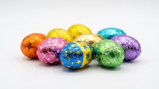 Colorful Foil Wrapped Chocolate Easter Eggs Isolated on Clean White Background