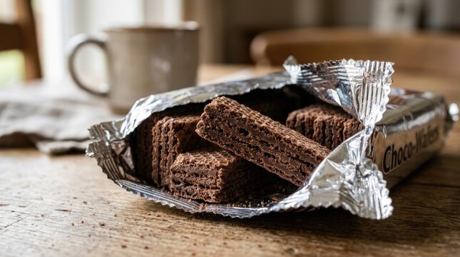 Crispy Chocolate Wafer Cookies in Open Silver Package on Rustic Kitchen Table