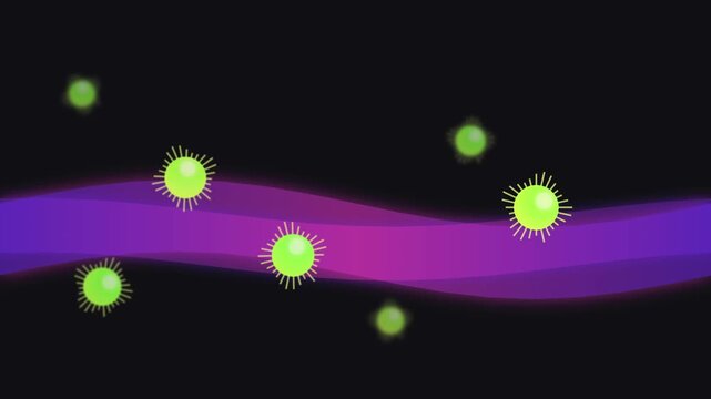 Abstract microscopic pathogen particles flowing over glowing purple