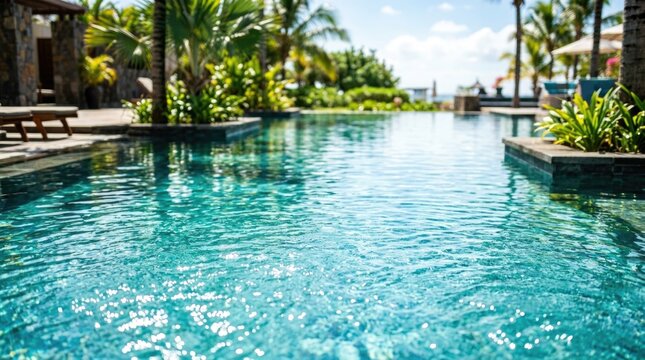 Luxury Tropical Resort Swimming Pool with Clear Turquoise Water and Lush Palm Garden