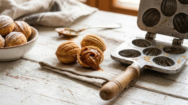 Traditional Walnut Shaped Cookies Filled with Caramel Beside Vintage Baking Mold