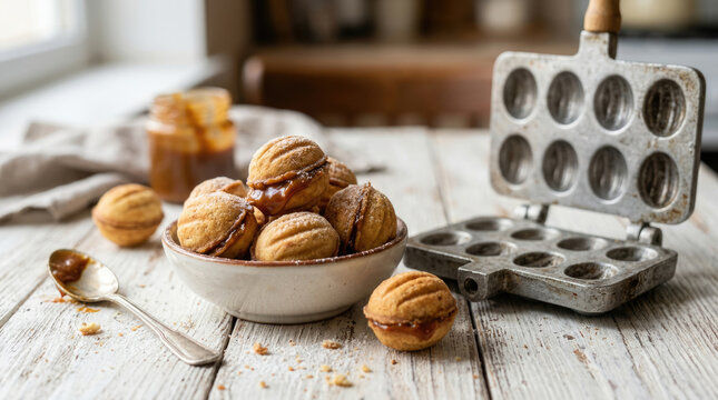 Homemade Walnut Shaped Caramel Cookies in Bowl Beside Traditional Metal Baking Mold