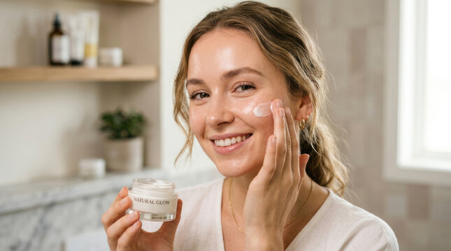 Smiling Young Woman Applying Facial Moisturizer and Holding Cream Jar During Skincare Routine