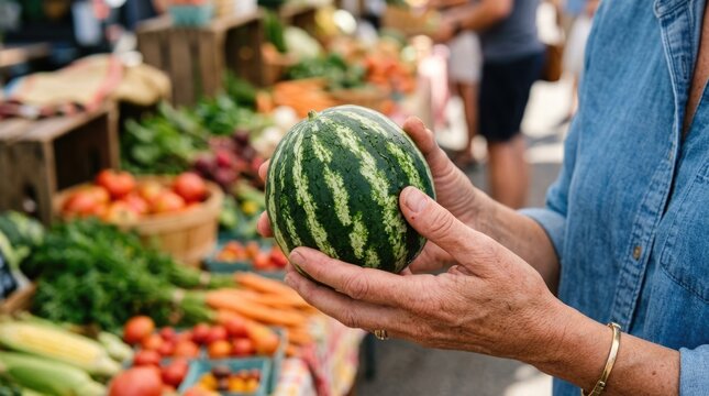 Shopper Holding Fresh Small Watermelon While Choosing Local Produce at Outdoor Farmers Market