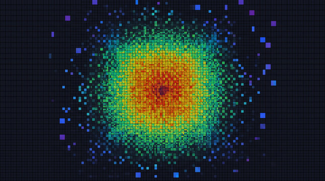 Abstract colorful pixelated burst explosion on a dark grid background