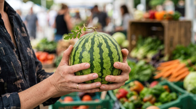 Customer Holding Fresh Watermelon Surrounded by Colorful Vegetables at Local Farmers Market