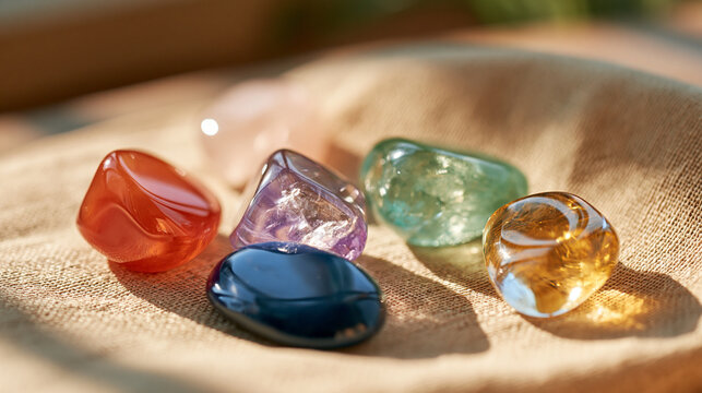 healing reiki chakra crystals displayed in bright even lighting, gemstone therapy concept, wellbeing, meditation, relaxation, spiritual practice, bright, with copy space