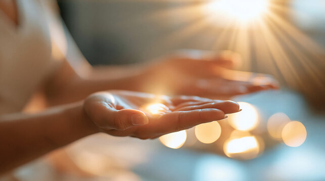 close-up of hands with light energy healing at a bright luxury spa, face out of frame, reiki peace concept, zen meditation therapy, spiritual wellness, bright, with copy space