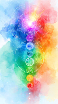 abstract watercolor illustration representing chakra power and inspired thought connected to the universe on a bright background, spiritual art concept, colorful, bright, with