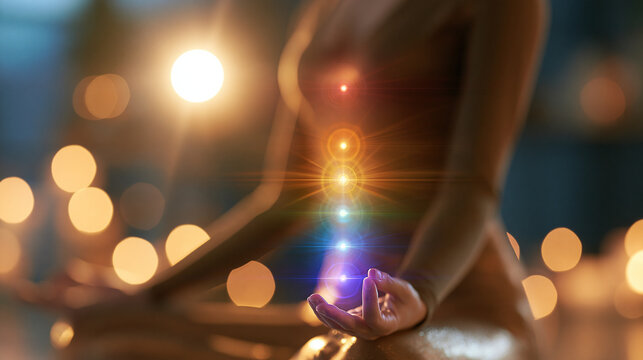 peaceful spiritual scene representing meditation and chakra activation in bright even lighting, expanded consciousness concept, mystical inspiration, human chakra system, bright,