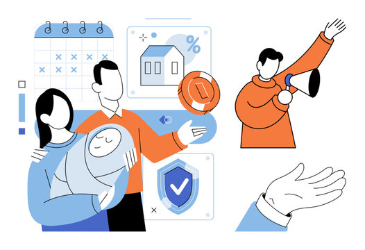 Parents with a newborn baby and financial icons vector illustration. Family budget, insurance policy, savings, investment, future security, wealth management. Couple holding infant with money symbols