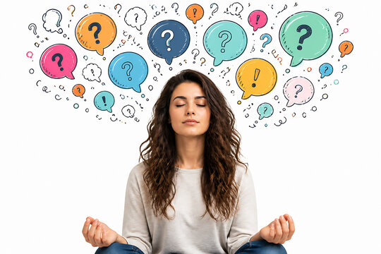 A young woman meditating with a thought bubble filled with question marks above her head.