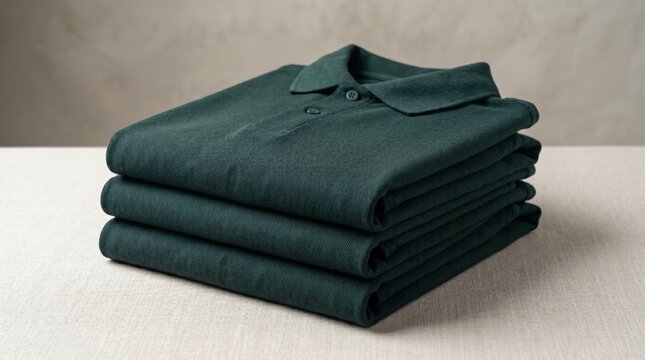 Neatly folded dark green polo shirts stacked on a light beige textured surface, showcasing casual menswear fashion and retail apparel display
