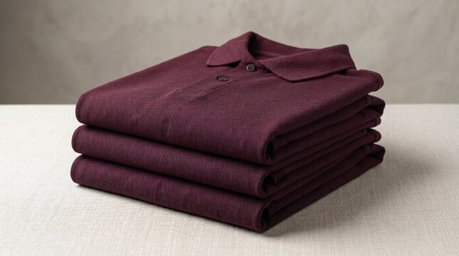 Neatly folded stack of three burgundy maroon polo shirts on a neutral textured background, showcasing high quality cotton fabric and classic design