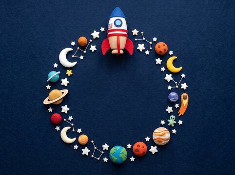 Colorful space rocket surrounded by planets and celestial bodies wreath