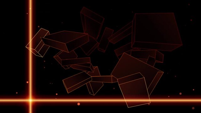 Abstract floating dark orange 3d cubes with glowing crosshair lines in motion digital background.