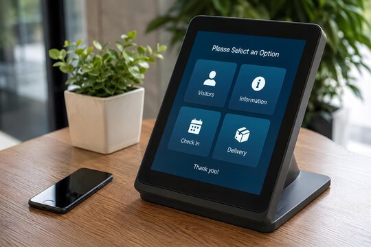 digital visitor registration kiosk on office reception desk