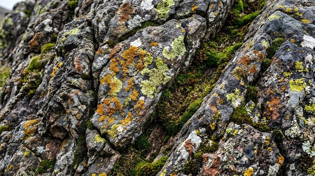 Close Up Texture of Grey Stone Surface with Green Moss and Yellow Lichen Patterns in Natural Mountain Environment