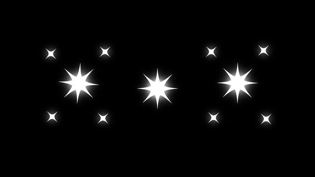 white blinking cartoon stars,flat, vector, doodles stars,retro shine twinkle effect on black screen background in 2D animation style. 4K
